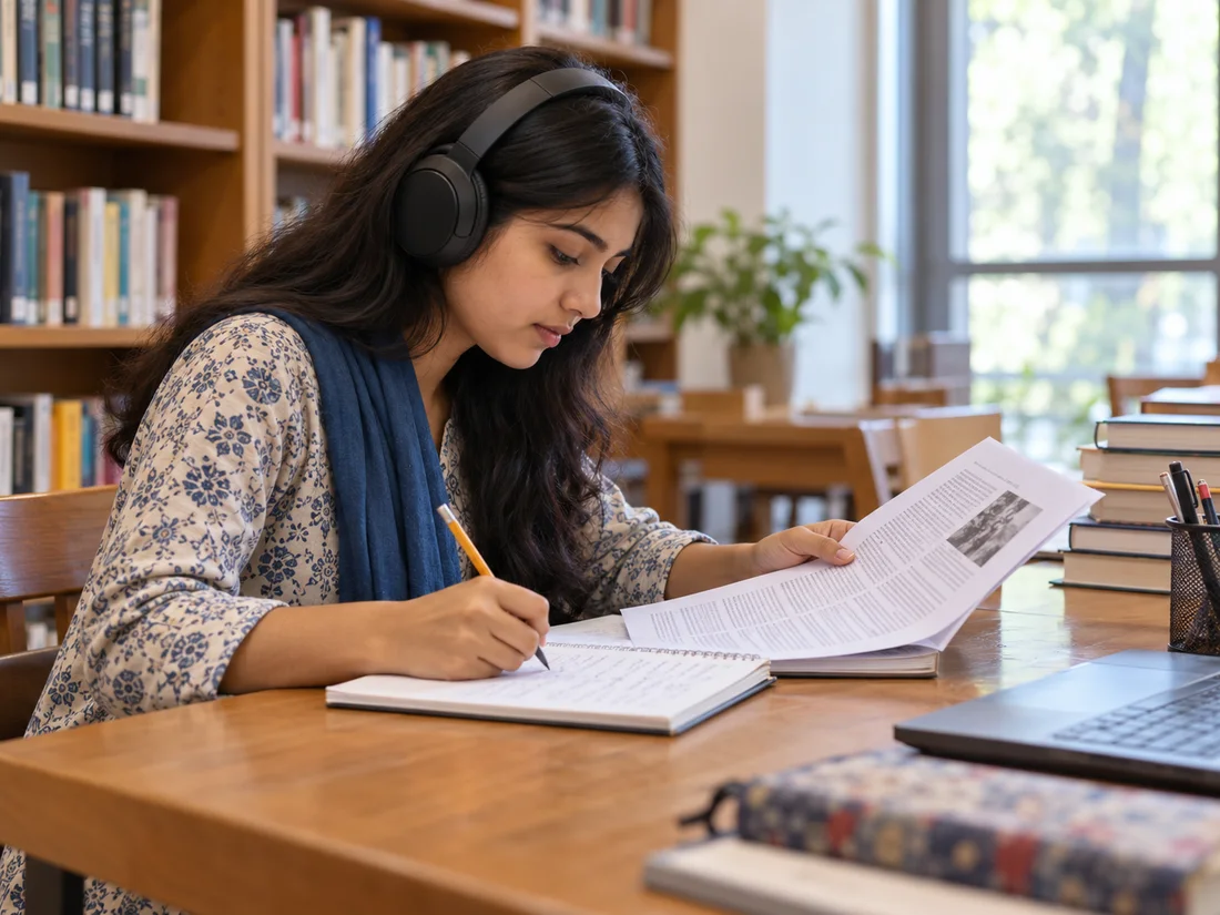A learner wearing headphones while reading a passage and taking notes in a library